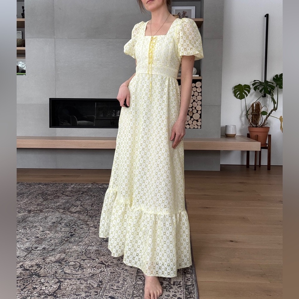 Vintage Yellow Eyelet Maxi milkmaid Dress with Puff Sleeves xs